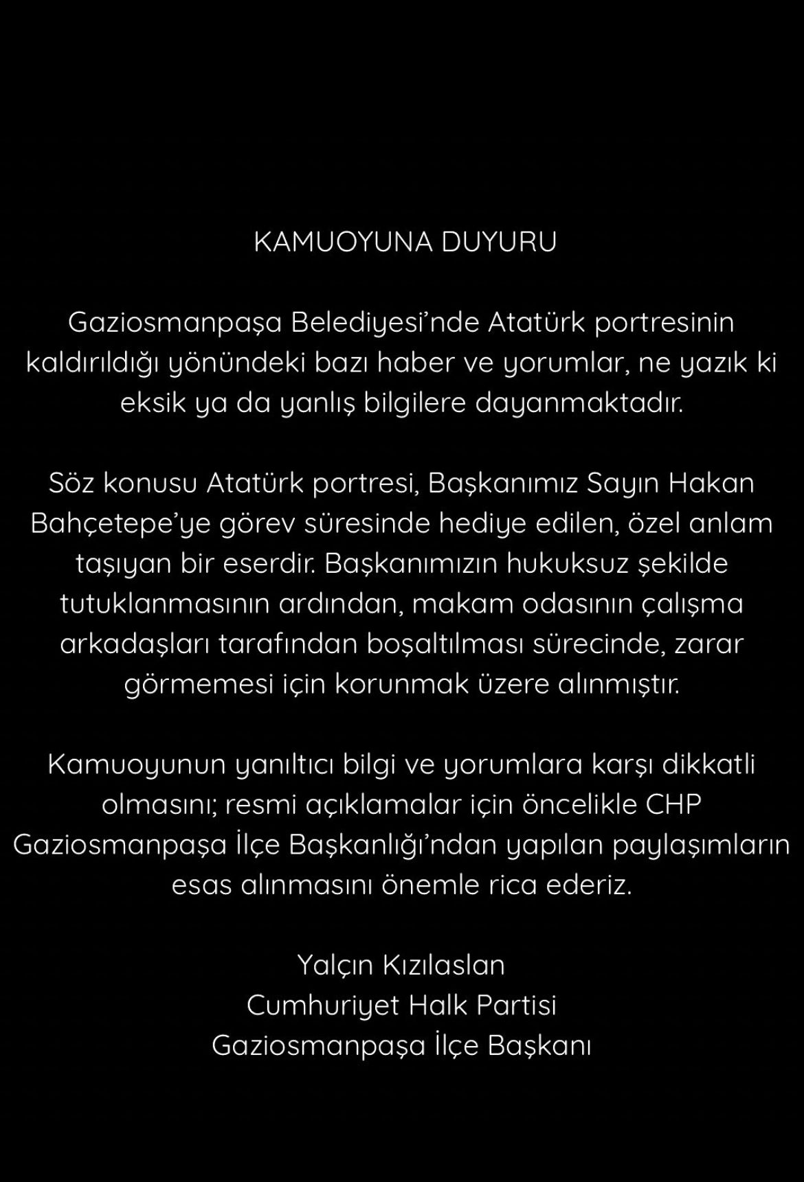 GAZİOSMANPAŞA BELEDİYESİ’NDEN KAMUOYUNA DUYURU