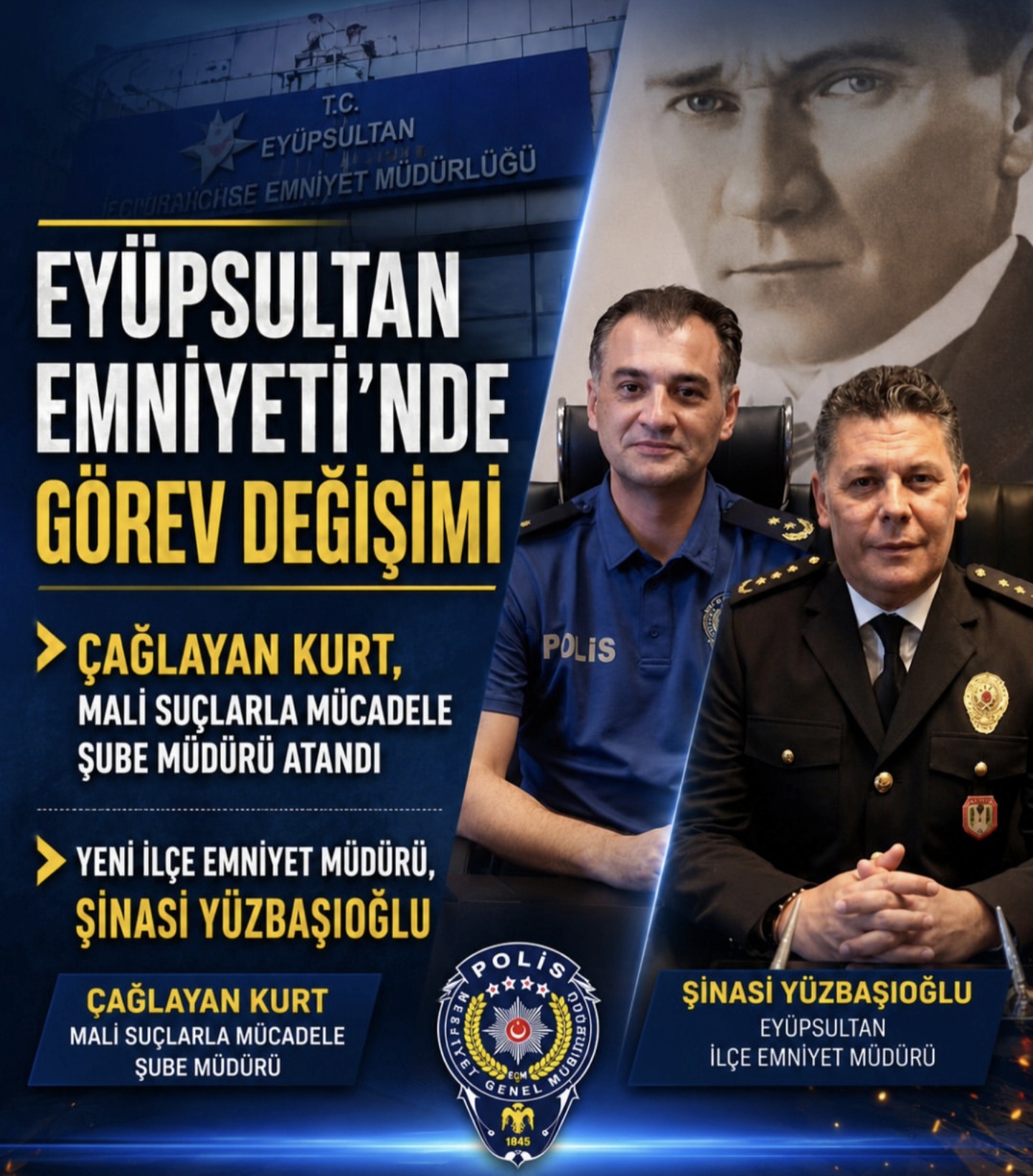 Eyüpsultan İlçe Emniyet Müdürü Şinasi Yüzbaşıoğlu oldu. Çağlayan Kurt Mali Şube Müdürü Oldu